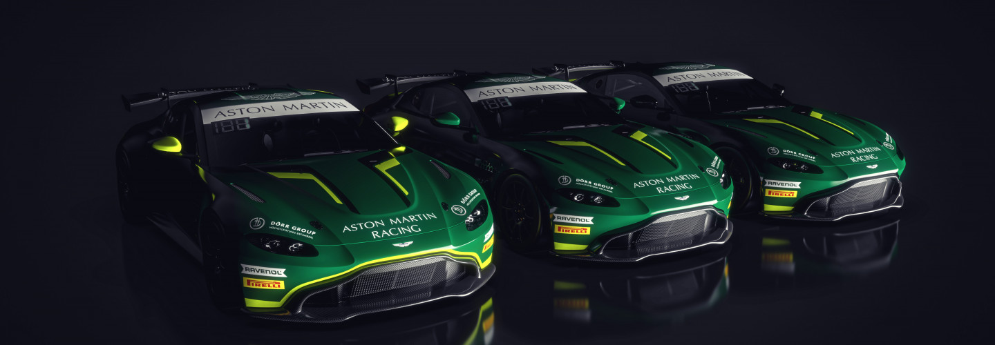 British Racing Green bei den drei Aston Martin Vantage GT4 von Dörr Motorsport