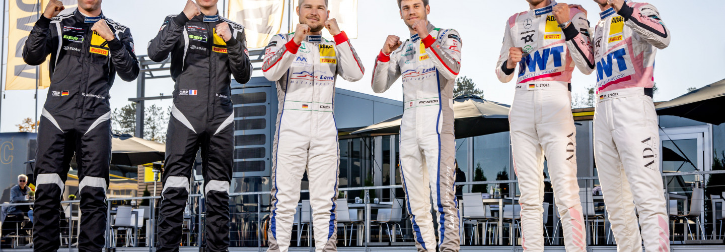 Bereit für den Titelkampf: Michael Ammermüller, Mathieu Jaminet, Christopher Mies, Ricardo Feller, Luca Stolz und Maro Engel (v. l.)