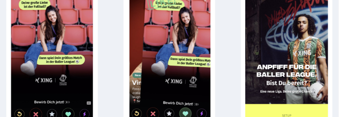 Screenshots der Tinder-Kampagne von XING zu Baller League mit XING-Gesicht Jeannie.