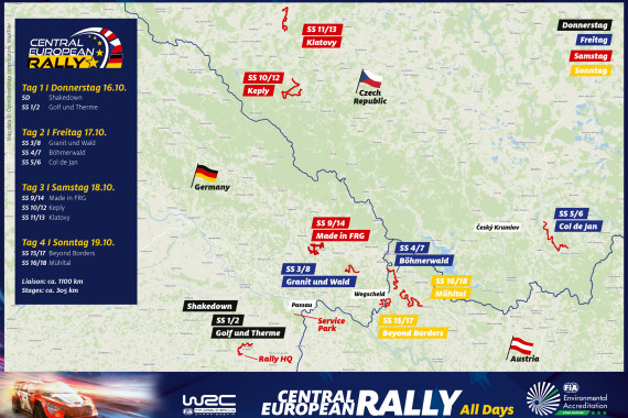 Erstmals gibt es am Freitag eine Etappe mit Wertungsprüfungen in drei Ländern. Auch die weiteren Wettbewerbstage stehen ganz im Licht der länderübergreifenden Action