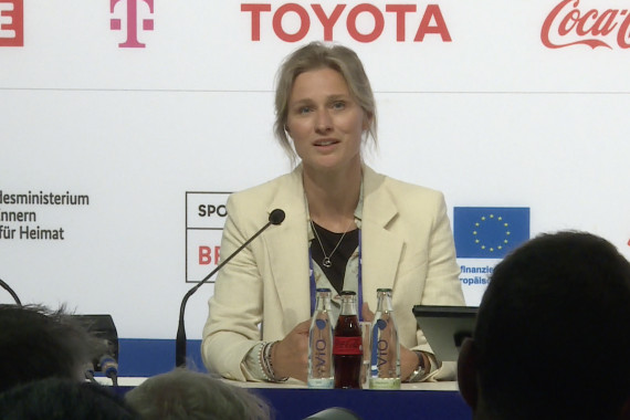 Olympiasiegerin Britta Heidemann spricht am Tag der Eröffnungsfeier der Special Olympics World Games auf einer Pressekonferenz u.a. über ihre persönliche Beziehung zu den Special Olympics und deren mögliche Signalwirkung für künftige Sport-Großveranstaltungen in Deutschland.